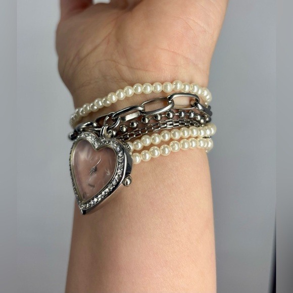 Pink Quartz Rhinestone Heart Jeweled Watch Charm Bracelet Silver and Pearls - Picture 4 of 8